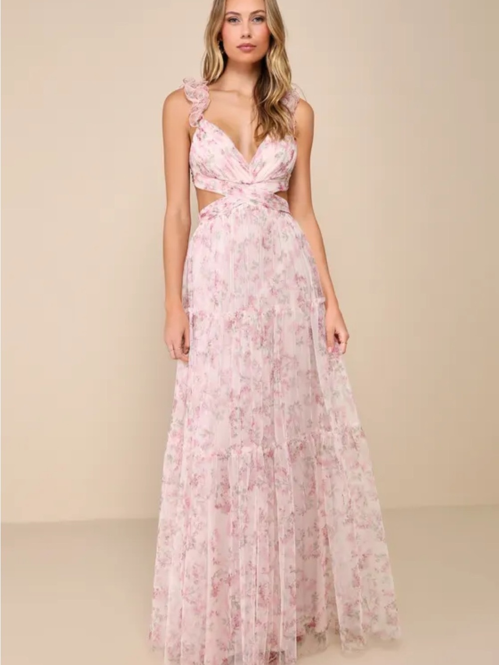 Lulu's Pink Floral Maxi Dress with Cutout Waist